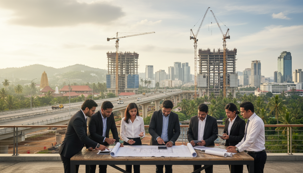 A bustling Sri Lankan cityscape representing economic transformation, foreground featuring a diverse group of professionals in business attire discussing blueprints and digital tablets, symbolizing collaboration in structural reforms. The middle ground showcases modern infrastructure under construction, with cranes and workers, illustrating growth and development. In the background, lush green hills and traditional architecture blend with contemporary buildings, capturing the essence of Sri Lanka's culture merging with progress. Soft, natural lighting filters through, creating an optimistic atmosphere. A wide-angle perspective enhances the scene, emphasizing the integration of tradition and modernity, evoking a sense of hope and resilience in the nation's recovery journey.