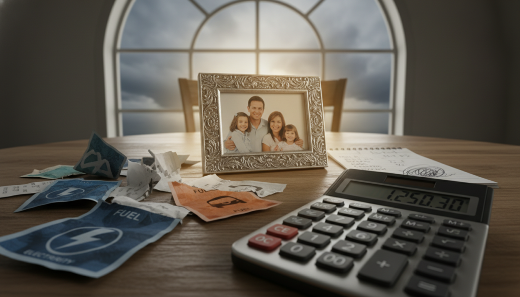 A close-up view of a household dining table cluttered with bills, a calculator, and a grocery list, symbolizing the ripple effect of rising costs on household budgets. In the foreground, the calculator displays increasing figures, while crumpled bills representing energy and transport costs spread out dramatically. In the middle ground, a family portrait enveloped in a faint glow signifies emotional weight and connection amid financial strain. In the background, a window shows a cloudy sky, hinting at uncertainty and turmoil outside. Soft, diffused lighting highlights the items on the table, creating an intimate yet tense atmosphere, as if capturing a moment of reflection on the impact of rising living expenses.