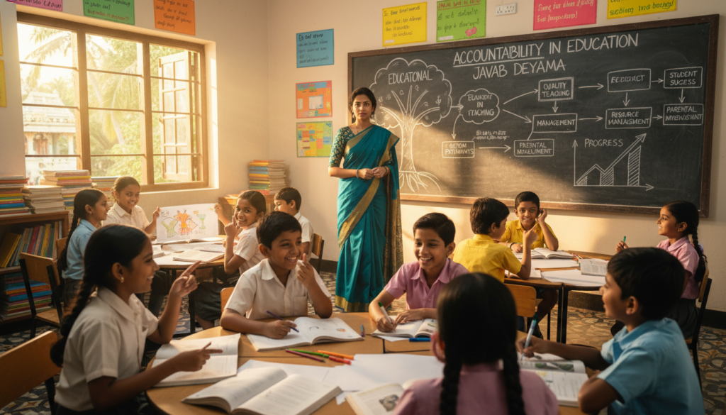A colorful and dynamic scene depicting a classroom setting in Sri Lanka focused on educational reforms. In the foreground, a diverse group of students—boys and girls of various ethnicities—are engaged in collaborative learning activities, showcasing enthusiasm and curiosity about their education. In the middle ground, a teacher—dressed in professional attire—stands at the blackboard, actively discussing accountability in education with a focused expression. The background reveals a chalkboard filled with charts and illustrations related to educational reforms, with large windows allowing natural light to flood the room, creating a bright and positive atmosphere. The overall mood is one of hope and progress, highlighting the importance of accountability in achieving educational goals. Shot with a slightly wide-angle lens to capture the sense of community and engagement within the classroom. A colorful and dynamic scene depicting a classroom setting in Sri Lanka focused on educational reforms. In the foreground, a diverse group of students—boys and girls of various ethnicities—are engaged in collaborative learning activities, showcasing enthusiasm and curiosity about their education. In the middle ground, a teacher—dressed in professional attire—stands at the blackboard, actively discussing accountability in education with a focused expression. The background reveals a chalkboard filled with charts and illustrations related to educational reforms, with large windows allowing natural light to flood the room, creating a bright and positive atmosphere. The overall mood is one of hope and progress, highlighting the importance of accountability in achieving educational goals. Shot with a slightly wide-angle lens to capture the sense of community and engagement within the classroom.