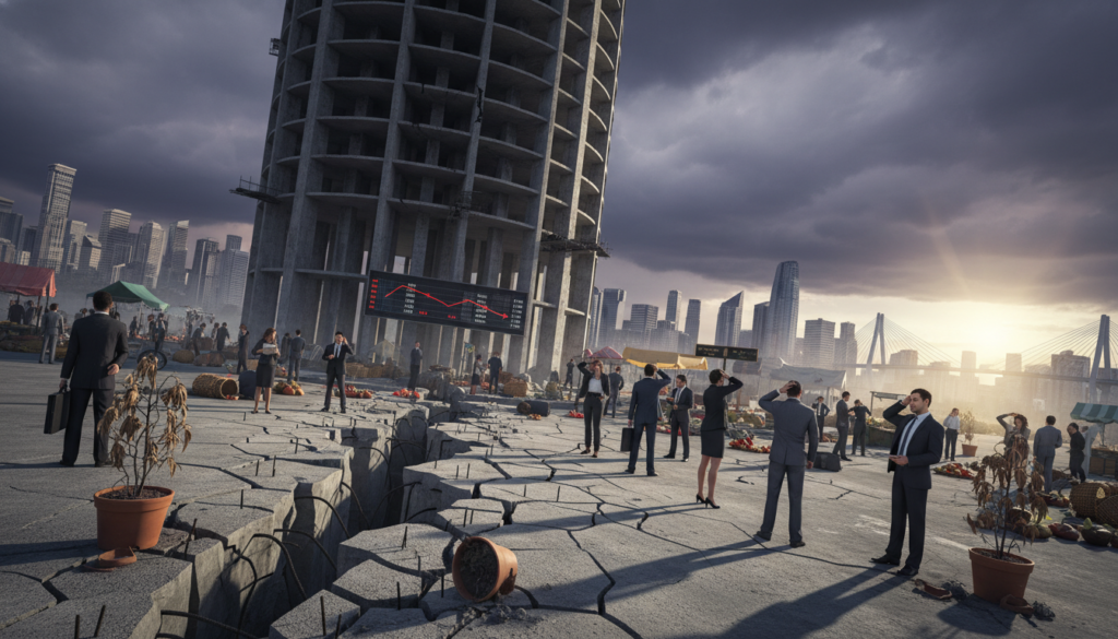 A conceptual visualization of "structural weaknesses and economic vulnerabilities" set within an urban landscape. In the foreground, depict a cracked foundation of a skyscraper, symbolizing instability, surrounded by wilted plants to suggest neglect. In the middle ground, include a bustling market scene with people dressed in professional attire, exchanging concerned glances, highlighting economic anxiety. In the background, show a skyline with encroaching dark clouds, symbolizing looming risks. Use dramatic lighting to create shadows that emphasize the cracks and vulnerabilities, with a slightly tilted camera angle to enhance the feeling of imbalance. The overall atmosphere should be tense yet hopeful, capturing the contrasting themes of risk and recovery in an urban setting.