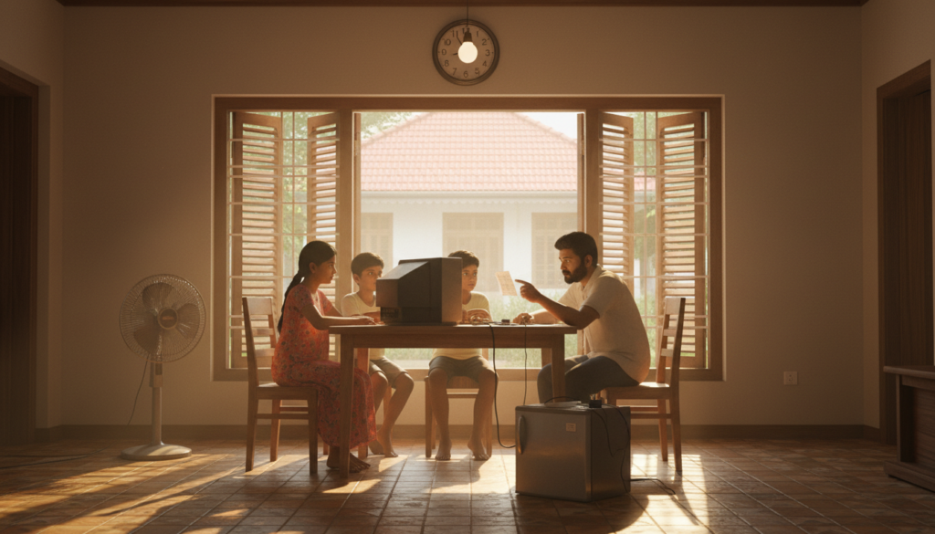 A cozy Sri Lankan living room depicting the impact of rising electricity bills on households. In the foreground, a worried family of four, dressed in modest casual clothing, examines a power bill at a small dining table cluttered with household appliances like a fan, a TV, and a fridge. The middle ground showcases a bright window with sunlight filtering through, casting soft shadows, and a wall clock displaying the time, indicating the daily routine’s stress. In the background, an outdoor view hints at traditional Sri Lankan architecture. The ambiance feels tense yet hopeful, with warm lighting emphasizing the family's expressions of concern, and the overall scene framed with a focus on the family's interaction with their electricity consumption. A cozy Sri Lankan living room depicting the impact of rising electricity bills on households. In the foreground, a worried family of four, dressed in modest casual clothing, examines a power bill at a small dining table cluttered with household appliances like a fan, a TV, and a fridge. The middle ground showcases a bright window with sunlight filtering through, casting soft shadows, and a wall clock displaying the time, indicating the daily routine’s stress. In the background, an outdoor view hints at traditional Sri Lankan architecture. The ambiance feels tense yet hopeful, with warm lighting emphasizing the family's expressions of concern, and the overall scene framed with a focus on the family's interaction with their electricity consumption.