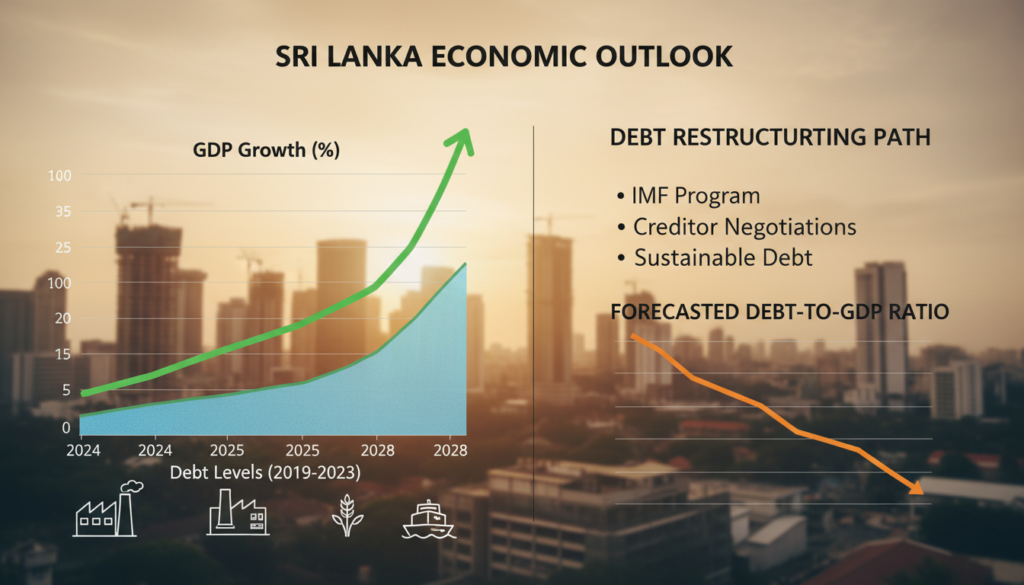 A detailed chart illustrating Sri Lanka's growth forecasts and debt restructuring, featuring two distinct sections: a vibrant line graph showing a moderate but steady expansion, with a positive upward trend in green, contrasted against a backdrop of previous years' debt levels represented by a shaded area in blue. In the foreground, include subtle symbols of economic recovery, like small icons of industry and agriculture. The background should be a softly blurred skyline of Colombo, hinting at urban development and progress. Use warm, optimistic lighting to convey a hopeful atmosphere, and a slightly elevated angle to provide depth. The overall mood should reflect resilience and future potential in the economic landscape of Sri Lanka. A detailed chart illustrating Sri Lanka's growth forecasts and debt restructuring, featuring two distinct sections: a vibrant line graph showing a moderate but steady expansion, with a positive upward trend in green, contrasted against a backdrop of previous years' debt levels represented by a shaded area in blue. In the foreground, include subtle symbols of economic recovery, like small icons of industry and agriculture. The background should be a softly blurred skyline of Colombo, hinting at urban development and progress. Use warm, optimistic lighting to convey a hopeful atmosphere, and a slightly elevated angle to provide depth. The overall mood should reflect resilience and future potential in the economic landscape of Sri Lanka.