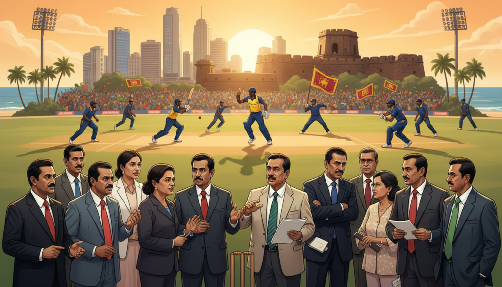 A detailed illustration depicting the historical intertwining of politics and cricket in Sri Lanka. In the foreground, a group of individuals in professional attire, including cricket officials and politicians, discuss passionately over a cricket pitch, representing the governance of the sport. The middle ground features a cricket match in progress, with players in vibrant kits symbolizing the national spirit. In the background, iconic Sri Lankan landmarks like the Colombo skyline and the Galle Fort subtly blend to show the cultural backdrop. Golden hour lighting casts a warm glow across the scene, creating a hopeful yet tense atmosphere, emphasizing the complexities of governance in cricket. A wide-angle view captures the vibrancy of the scene, reflecting the significance of cricket in Sri Lankan society without overlays or text. A detailed illustration depicting the historical intertwining of politics and cricket in Sri Lanka. In the foreground, a group of individuals in professional attire, including cricket officials and politicians, discuss passionately over a cricket pitch, representing the governance of the sport. The middle ground features a cricket match in progress, with players in vibrant kits symbolizing the national spirit. In the background, iconic Sri Lankan landmarks like the Colombo skyline and the Galle Fort subtly blend to show the cultural backdrop. Golden hour lighting casts a warm glow across the scene, creating a hopeful yet tense atmosphere, emphasizing the complexities of governance in cricket. A wide-angle view captures the vibrancy of the scene, reflecting the significance of cricket in Sri Lankan society without overlays or text.