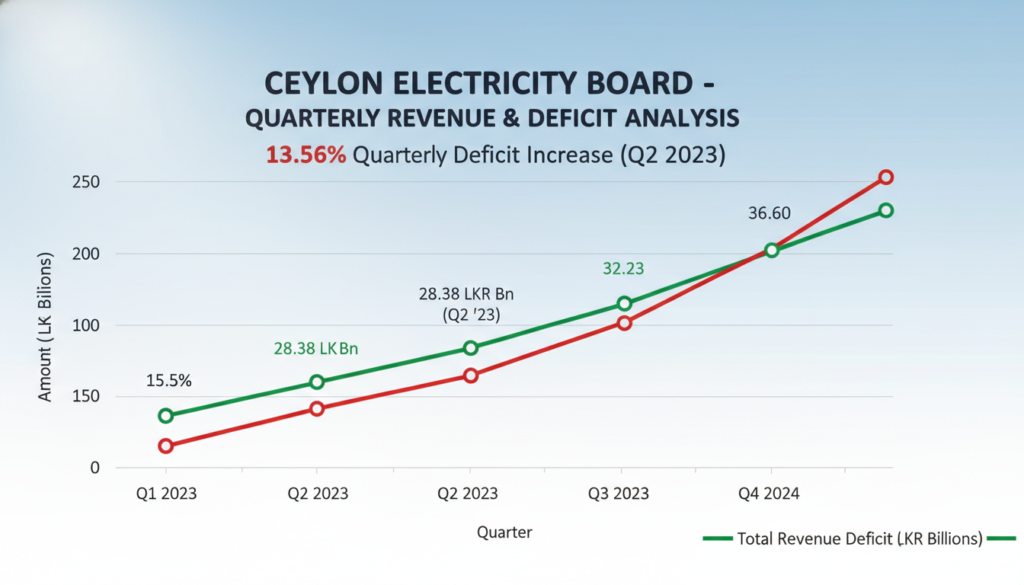 A detailed revenue deficit chart for the Ceylon Electricity Board (CEB), illustrating a 13.56% quarterly increase. The foreground features a prominent line graph with bold red and green lines, clearly showing quarterly revenue trends and deficit figures in a professional, corporate style. The middle layer includes labeled axes and data points, meticulously organized to enhance clarity and understanding. The background is a subtle gradient, transitioning from light blue to white, evoking a sense of professionalism and focus. Soft, ambient lighting highlights the graph, suggesting a serious yet hopeful atmosphere regarding the future of electricity tariffs. The composition is sharp and clear, with a balanced perspective angle, ensuring a polished and informative visual representation. A detailed revenue deficit chart for the Ceylon Electricity Board (CEB), illustrating a 13.56% quarterly increase. The foreground features a prominent line graph with bold red and green lines, clearly showing quarterly revenue trends and deficit figures in a professional, corporate style. The middle layer includes labeled axes and data points, meticulously organized to enhance clarity and understanding. The background is a subtle gradient, transitioning from light blue to white, evoking a sense of professionalism and focus. Soft, ambient lighting highlights the graph, suggesting a serious yet hopeful atmosphere regarding the future of electricity tariffs. The composition is sharp and clear, with a balanced perspective angle, ensuring a polished and informative visual representation.