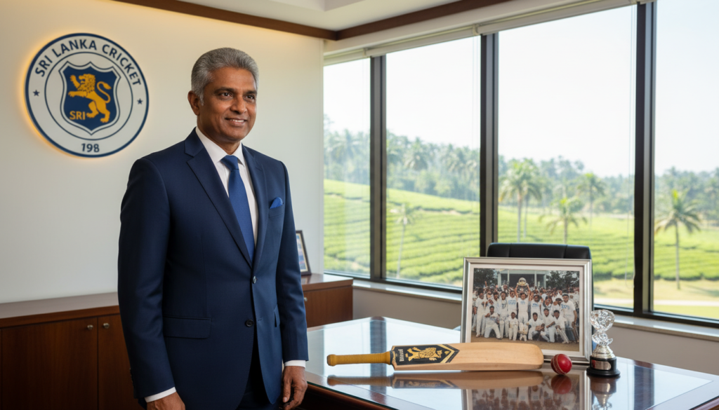 A dignified portrait of Shammi Silva, the outgoing President of Sri Lanka Cricket, standing gracefully in an office setting. In the foreground, he is depicted in professional business attire, exuding confidence and warmth. His expression reflects a mix of pride and nostalgia, as he gazes thoughtfully at an array of cricket memorabilia displayed on a polished wooden desk, including a cricket bat and a framed team photo. In the middle ground, a large window reveals a view of Sri Lanka's lush greenery, bathed in natural light, creating a serene atmosphere. The background features the Sri Lanka Cricket logo on the wall, subtly illuminated by soft overhead lighting. The overall mood is one of transition and reflection, capturing the essence of an era coming to a close in Sri Lankan cricket. A dignified portrait of Shammi Silva, the outgoing President of Sri Lanka Cricket, standing gracefully in an office setting. In the foreground, he is depicted in professional business attire, exuding confidence and warmth. His expression reflects a mix of pride and nostalgia, as he gazes thoughtfully at an array of cricket memorabilia displayed on a polished wooden desk, including a cricket bat and a framed team photo. In the middle ground, a large window reveals a view of Sri Lanka's lush greenery, bathed in natural light, creating a serene atmosphere. The background features the Sri Lanka Cricket logo on the wall, subtly illuminated by soft overhead lighting. The overall mood is one of transition and reflection, capturing the essence of an era coming to a close in Sri Lankan cricket.