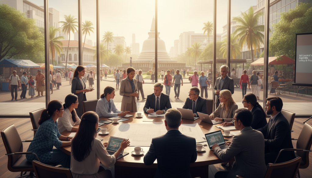 A diverse group of professionals, representing multiple backgrounds and ethnicities, is engaged in a collaborative discussion around a large, circular table in an open, well-lit conference room. The foreground features individuals in modest business attire, animatedly exchanging ideas over documents and digital devices, emphasizing the theme of inclusivity. In the middle ground, large windows reveal a vibrant community outside, with people of various ages and cultures interacting harmoniously in a public space, symbolizing decentralization. The background includes greenery and local architecture, suggesting a blend of tradition and modernity. Soft, natural light filters through, creating an inviting and optimistic atmosphere, highlighting the importance of unity and collective progress in Sri Lanka’s reform agenda. A diverse group of professionals, representing multiple backgrounds and ethnicities, is engaged in a collaborative discussion around a large, circular table in an open, well-lit conference room. The foreground features individuals in modest business attire, animatedly exchanging ideas over documents and digital devices, emphasizing the theme of inclusivity. In the middle ground, large windows reveal a vibrant community outside, with people of various ages and cultures interacting harmoniously in a public space, symbolizing decentralization. The background includes greenery and local architecture, suggesting a blend of tradition and modernity. Soft, natural light filters through, creating an inviting and optimistic atmosphere, highlighting the importance of unity and collective progress in Sri Lanka’s reform agenda.