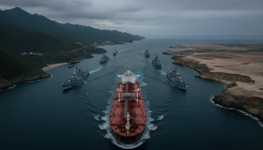 A dramatic aerial view of the Strait of Hormuz, depicting the vital maritime chokepoint for global oil supply. In the foreground, a busy oil tanker navigates through the narrow strait against a backdrop of lush green mountains and stark desert land. The middle ground showcases several military vessels, emphasizing the present tension in the region, while the background displays a vast expanse of turbulent sea and an overcast sky, reflecting an atmosphere of uncertainty and urgency. The scene is bathed in a moody twilight lighting, casting deep shadows and highlighting the seriousness of the situation. The image captures the essence of a critical energy transport route, illustrating the geopolitical stakes in global oil supply.