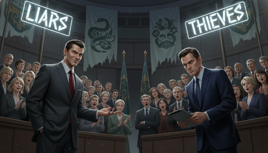 A dramatic scene set in a tense political debate hall, featuring two groups representing the themes of "Liars" and "Thieves." In the foreground, a confident politician in a sharp business suit, with a sly grin, gestures dramatically, embodying the "Liar." Opposite, a rival in equally polished attire, with a calculating expression, embodies the "Thief." In the middle ground, diverse onlookers show a mix of approval and disapproval, their faces reflecting deep polarization. The background reveals flags and banners with abstract symbols representing corruption and deceit. Soft, focused lighting highlights the central figures, with shadows creating a moody, dramatic atmosphere. Shot from a low angle to emphasize the stature of the speakers, conveying the significance and intensity of the moment. A dramatic scene set in a tense political debate hall, featuring two groups representing the themes of "Liars" and "Thieves." In the foreground, a confident politician in a sharp business suit, with a sly grin, gestures dramatically, embodying the "Liar." Opposite, a rival in equally polished attire, with a calculating expression, embodies the "Thief." In the middle ground, diverse onlookers show a mix of approval and disapproval, their faces reflecting deep polarization. The background reveals flags and banners with abstract symbols representing corruption and deceit. Soft, focused lighting highlights the central figures, with shadows creating a moody, dramatic atmosphere. Shot from a low angle to emphasize the stature of the speakers, conveying the significance and intensity of the moment.