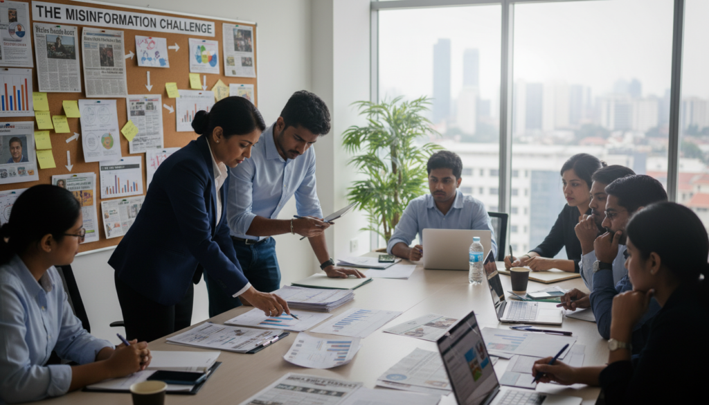 A dynamic and thought-provoking scene depicting a diverse group of individuals engaged in a serious discussion around a large table in a modern campaign headquarters. In the foreground, two professionals, one a middle-aged Sri Lankan woman in business attire and the other a young Sri Lankan man in smart casual clothing, analyze printed campaign materials spread out before them. The table is cluttered with documents, smartphones, and laptops displaying graphs and statistics related to voter turnout. In the middle ground, a wall covered with pinned articles and graphs illustrates the pervasive problem of misinformation, casting an urgent tone. The background shows a large window with natural light illuminating the space, symbolizing transparency and hope, while a subtle shadow falls over the clutter, representing obstacles. The mood is serious yet determined, reflecting a commitment to overcome challenges.
