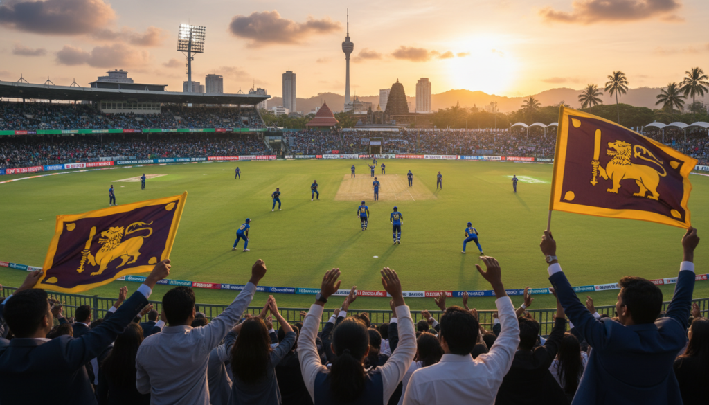 A dynamic scene capturing the essence of cricket in Sri Lanka, set in a vibrant stadium during a match. In the foreground, a diverse group of enthusiastic fans in professional attire, some waving flags adorned with the Sri Lankan cricket logo, showcasing unity and hope. In the middle ground, players in bright blue and yellow uniforms are engaged in an intense play, reflecting dedication and teamwork. The background reveals an iconic Sri Lankan skyline, with rich greenery and cultural landmarks to evoke national pride. Soft golden hour lighting bathes the scene, creating a warm, hopeful atmosphere that symbolizes trust and renewal in Sri Lankan cricket. Focused angle, with a slight depth of field to emphasize the passion of the fans and the action on the field. A dynamic scene capturing the essence of cricket in Sri Lanka, set in a vibrant stadium during a match. In the foreground, a diverse group of enthusiastic fans in professional attire, some waving flags adorned with the Sri Lankan cricket logo, showcasing unity and hope. In the middle ground, players in bright blue and yellow uniforms are engaged in an intense play, reflecting dedication and teamwork. The background reveals an iconic Sri Lankan skyline, with rich greenery and cultural landmarks to evoke national pride. Soft golden hour lighting bathes the scene, creating a warm, hopeful atmosphere that symbolizes trust and renewal in Sri Lankan cricket. Focused angle, with a slight depth of field to emphasize the passion of the fans and the action on the field.