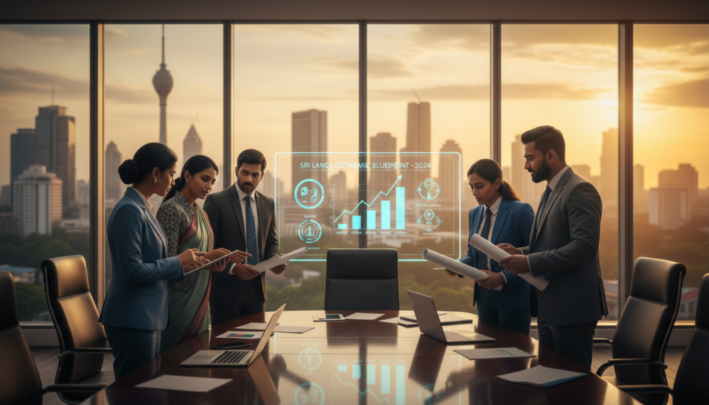A dynamic scene depicting a critical juncture for policy reform in Sri Lanka. In the foreground, a group of diverse professionals in business attire are engaged in animated discussions, holding documents and charts, symbolizing collaboration and strategizing for economic growth. The middle ground features a large, modern conference table surrounded by charts showing upward trends and infographics related to economic policy. In the background, a panoramic view of Colombo’s skyline during the golden hour, with soft, warm lighting illuminating the scene, creates an optimistic atmosphere. The overall mood should convey a sense of urgency, determination, and hopefulness for the future, implying progress and potential amidst challenges. The image should be composed with a slight depth of field to emphasize the professionals while keeping the skyline visible and striking. A dynamic scene depicting a critical juncture for policy reform in Sri Lanka. In the foreground, a group of diverse professionals in business attire are engaged in animated discussions, holding documents and charts, symbolizing collaboration and strategizing for economic growth. The middle ground features a large, modern conference table surrounded by charts showing upward trends and infographics related to economic policy. In the background, a panoramic view of Colombo’s skyline during the golden hour, with soft, warm lighting illuminating the scene, creates an optimistic atmosphere. The overall mood should convey a sense of urgency, determination, and hopefulness for the future, implying progress and potential amidst challenges. The image should be composed with a slight depth of field to emphasize the professionals while keeping the skyline visible and striking.