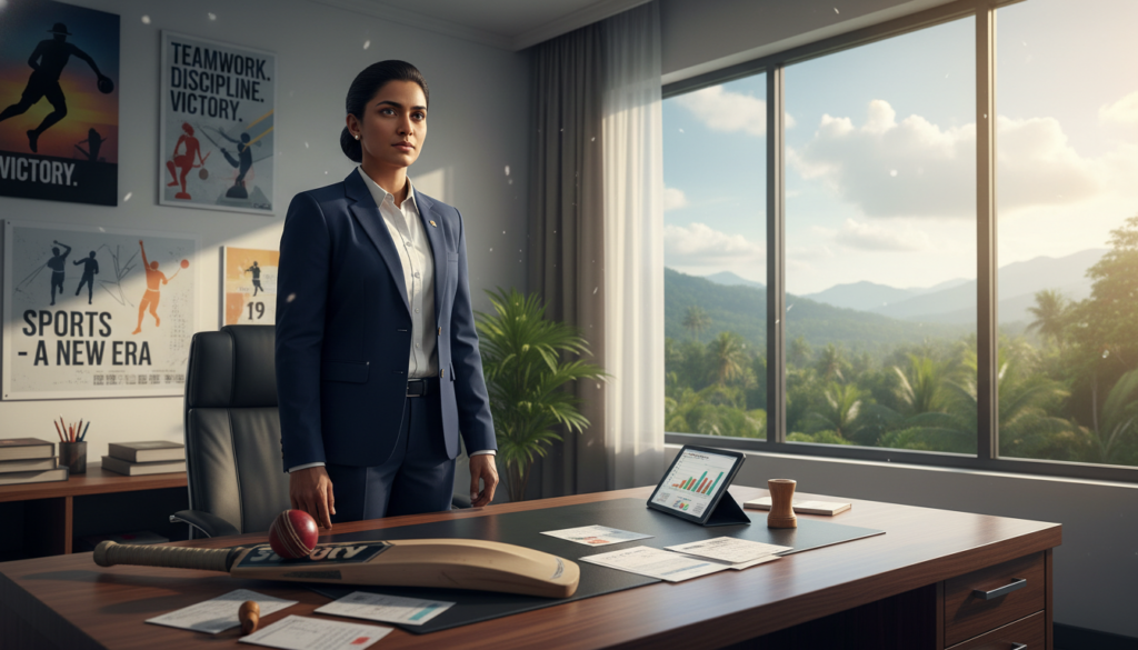 A government sports minister stands confidently in a modern office, embodying authority and professionalism. She wears a tailored navy blazer over a crisp white blouse, conveying a sense of leadership. In the foreground, a desk cluttered with cricket paraphernalia, including a bat and ball, symbolizes the focus on sports reform. The middle ground features an expansive window with a view of Sri Lanka's lush greenery, representing the national spirit. In the background, motivational posters related to sports and teamwork hang on the walls, reinforcing the theme of intervention and reform. The scene is illuminated by natural sunlight pouring through the window, creating a warm yet serious atmosphere. Use a wide-angle lens for a comprehensive view, ensuring a vibrant yet professional depiction that captures the essence of government involvement in sports amid controversy. A government sports minister stands confidently in a modern office, embodying authority and professionalism. She wears a tailored navy blazer over a crisp white blouse, conveying a sense of leadership. In the foreground, a desk cluttered with cricket paraphernalia, including a bat and ball, symbolizes the focus on sports reform. The middle ground features an expansive window with a view of Sri Lanka's lush greenery, representing the national spirit. In the background, motivational posters related to sports and teamwork hang on the walls, reinforcing the theme of intervention and reform. The scene is illuminated by natural sunlight pouring through the window, creating a warm yet serious atmosphere. Use a wide-angle lens for a comprehensive view, ensuring a vibrant yet professional depiction that captures the essence of government involvement in sports amid controversy.