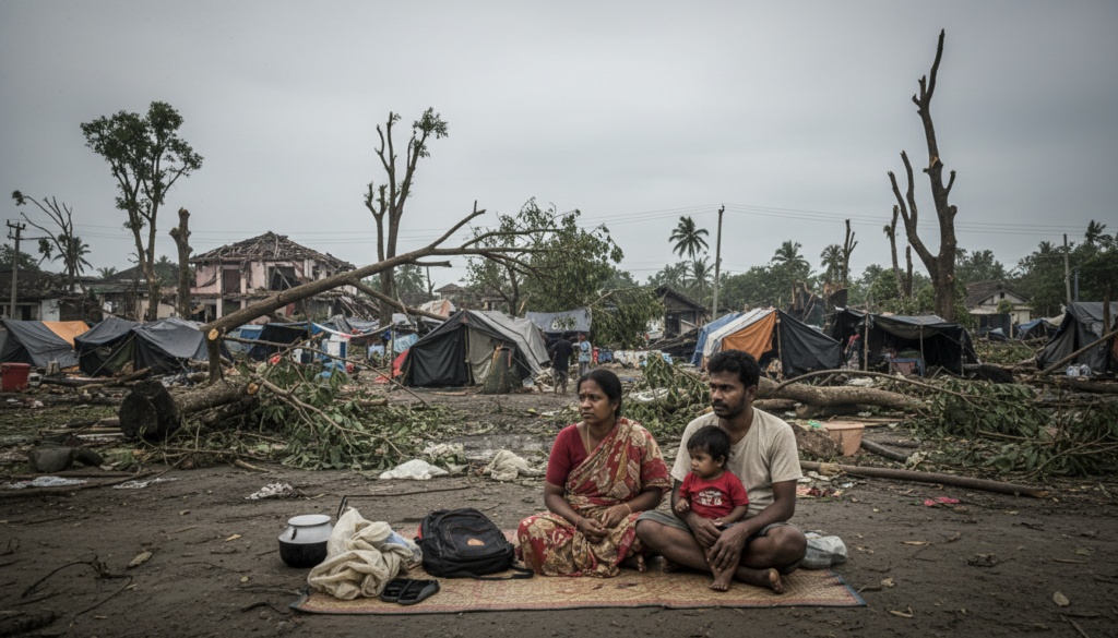A heart-wrenching scene depicting displaced families in Sri Lanka after Cyclone Ditwah. In the foreground, a family of four—parents and two children—dressed in modest, casual clothing, sit closely together on a makeshift mat, with their few salvaged belongings around them. The mother has a look of concern while the father holds the hand of his child, emphasizing their bond amid adversity. In the middle ground, several tents shelter families, showcasing a temporary settlement against a backdrop of damaged homes and fallen trees. The sky is overcast, with soft, diffused lighting casting a somber, grayish hue, evoking a sense of loss and resilience. The atmosphere is heavy with emotion, reflecting the devastation and human cost experienced by the community. A heart-wrenching scene depicting displaced families in Sri Lanka after Cyclone Ditwah. In the foreground, a family of four—parents and two children—dressed in modest, casual clothing, sit closely together on a makeshift mat, with their few salvaged belongings around them. The mother has a look of concern while the father holds the hand of his child, emphasizing their bond amid adversity. In the middle ground, several tents shelter families, showcasing a temporary settlement against a backdrop of damaged homes and fallen trees. The sky is overcast, with soft, diffused lighting casting a somber, grayish hue, evoking a sense of loss and resilience. The atmosphere is heavy with emotion, reflecting the devastation and human cost experienced by the community.