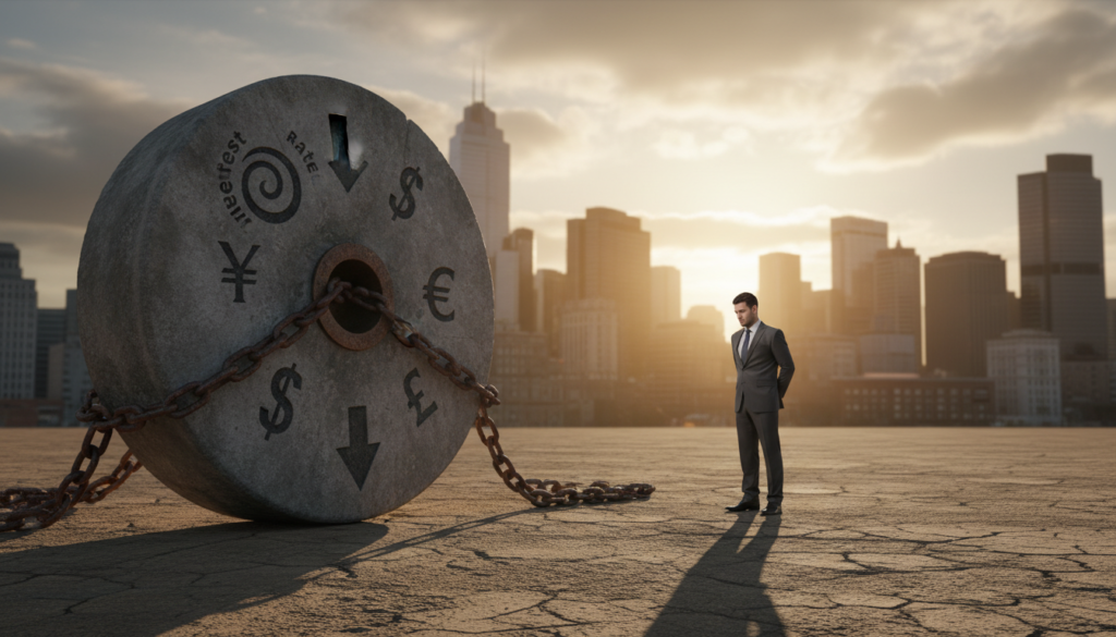 A metaphorical representation of sovereign debt interest payments, featuring a heavy stone millstone engraved with financial symbols like interest rates and currency signs in the foreground. In the middle ground, a solemn figure in professional business attire, looking contemplative, stands gazing at the millstone, symbolizing the burden of debt. The background is a city skyline, subtly illuminated by a soft, golden sunset, casting long shadows that evoke a sense of urgency and seriousness. Use a wide-angle lens to capture the vastness of the scene, and enhance the mood with dramatic lighting, highlighting the tension between the millstone and the figure. The overall atmosphere should convey a sense of weight, responsibility, and the challenges of managing sovereign debt.