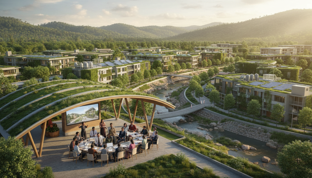 A modern, climate-resilient infrastructure scene in Sri Lanka, showcasing a community meeting in the foreground where professionals in business attire discuss reconstruction plans. In the middle, depict a blend of eco-friendly buildings with green roofs and flood-resistant features, interspersed with solar panels and rainwater harvesting systems. The background should feature lush, hilly landscapes, emphasizing the natural beauty of Sri Lanka, alongside a river that has been fortified against flooding. Soft, warm sunlight filters through a few scattered clouds, creating an optimistic mood of hope and renewal. Capture this scene with a slightly elevated angle to provide depth and a sense of community engagement, highlighting the principles of “Building Back Better” in action. A modern, climate-resilient infrastructure scene in Sri Lanka, showcasing a community meeting in the foreground where professionals in business attire discuss reconstruction plans. In the middle, depict a blend of eco-friendly buildings with green roofs and flood-resistant features, interspersed with solar panels and rainwater harvesting systems. The background should feature lush, hilly landscapes, emphasizing the natural beauty of Sri Lanka, alongside a river that has been fortified against flooding. Soft, warm sunlight filters through a few scattered clouds, creating an optimistic mood of hope and renewal. Capture this scene with a slightly elevated angle to provide depth and a sense of community engagement, highlighting the principles of “Building Back Better” in action.