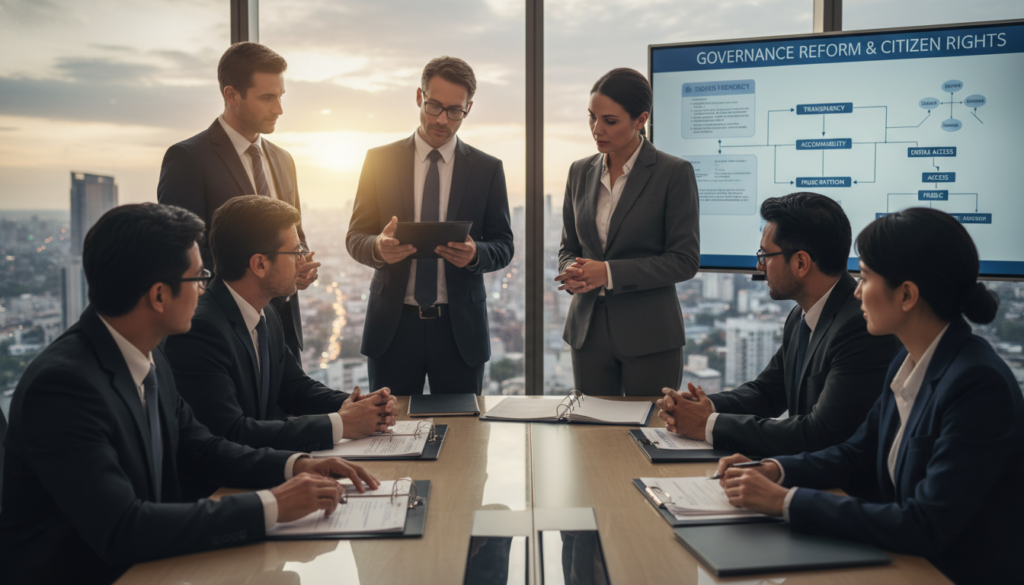 A modern office setting filled with diverse professionals engaged in discussions about governance reform. In the foreground, a group of men and women in professional business attire is gathered around a conference table, examining documents related to the Right to Information Act. The middle ground features a large window showcasing a vibrant cityscape, symbolizing transparency and openness. In the background, a large whiteboard is filled with charts and key ideas about governance reform and citizen rights. The lighting is bright and natural, creating a hopeful and collaborative atmosphere, while a shallow depth of field focuses on the foreground participants, emphasizing their determination and engagement. The mood is optimistic and forward-thinking, reflecting the importance of revitalizing the Right to Information regime.