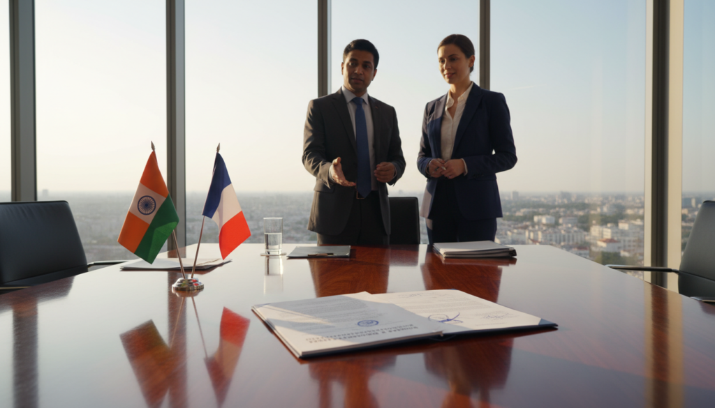 A polished conference table set in a well-lit modern office, with a focus on an official bilateral debt restructuring agreement document resting prominently in the foreground. The document is detailed, complete with formal signatures and the flags of participating countries subtly positioned in the background. In the middle ground, two professionals in business attire—one a South Asian man and the other a Western woman—discuss the implications of the agreement, their expressions serious yet hopeful. Soft natural light filters through large windows, casting a warm glow over the scene, enhancing the atmosphere of cooperation and progress. A subtle cityscape can be glimpsed through the glass, symbolizing the broader economic context. A polished conference table set in a well-lit modern office, with a focus on an official bilateral debt restructuring agreement document resting prominently in the foreground. The document is detailed, complete with formal signatures and the flags of participating countries subtly positioned in the background. In the middle ground, two professionals in business attire—one a South Asian man and the other a Western woman—discuss the implications of the agreement, their expressions serious yet hopeful. Soft natural light filters through large windows, casting a warm glow over the scene, enhancing the atmosphere of cooperation and progress. A subtle cityscape can be glimpsed through the glass, symbolizing the broader economic context.