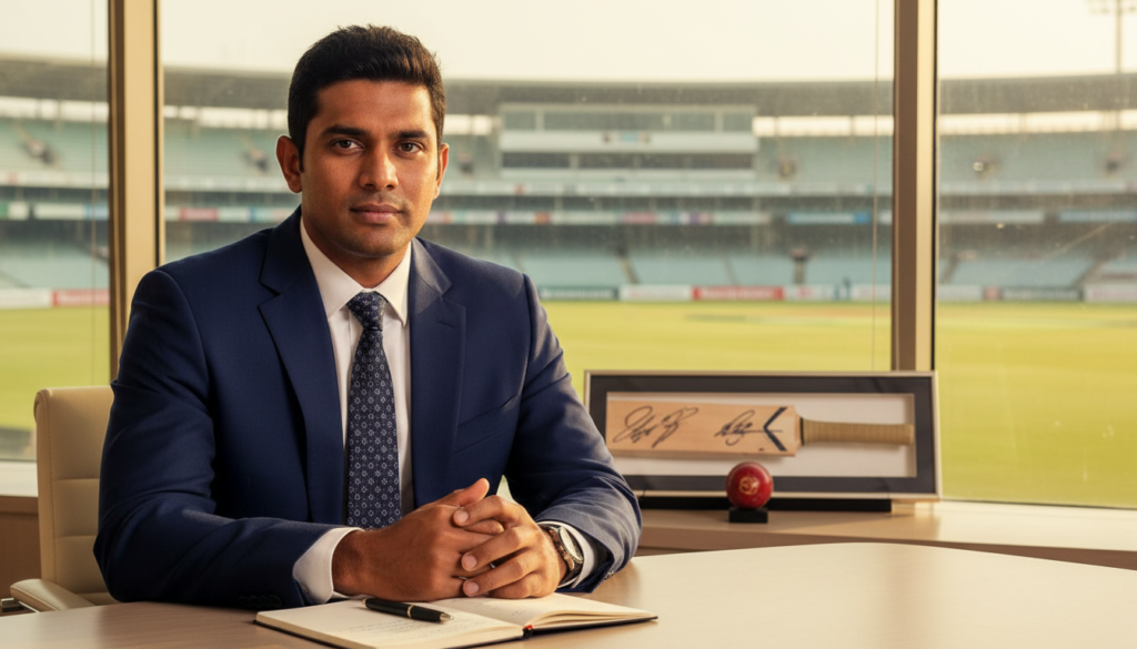 A portrait of Kumar Sangakkara, the former Sri Lankan cricketer and current director of cricket, seated confidently at a sleek, modern conference table. He is wearing a tailored navy blue suit with a crisp white shirt and a subtle patterned tie, exuding professionalism and leadership. In the foreground, a notebook and a pen lie open, symbolizing strategy and reform. The middle ground features a framed cricket bat and a cricket ball, representing his illustrious career in the sport. The background is a softly blurred Sri Lankan cricket stadium, with bright sunlight pouring through, casting warm, inviting light on the scene. The atmosphere is one of hope and determination, capturing the essence of cricket legends turned reformers.