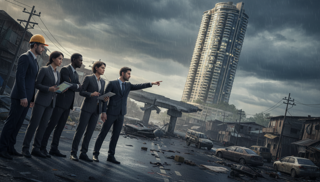 A powerful image depicting the stark contrast of urban and rural landscapes to illustrate inequality and disaster risk geography in the aftermath of Cyclone Ditwah. In the foreground, show a group of diverse individuals in professional and casual attire assessing damage, revealing expressions of concern and resilience. In the middle ground, illustrate crumbling infrastructure juxtaposed with a luxury high-rise building, symbolizing economic disparity. Use muted colors for the damaged areas and brighter tones for the affluent structures to emphasize inequality. The background should feature a darkened sky filled with storm clouds, with rain gently falling to create an ominous atmosphere. Employ soft lighting to evoke empathy, using a slightly tilted perspective to induce a sense of unease about the vulnerability of the marginalized.