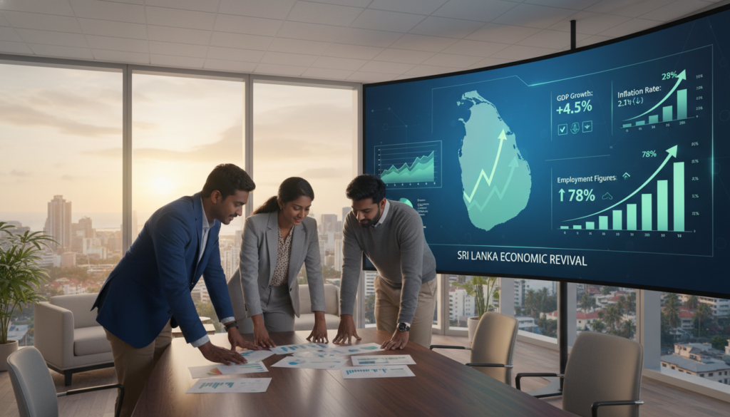 A professional business environment representing the recovery of key economic indicators in Sri Lanka. In the foreground, a diverse group of three business professionals in smart casual attire, deeply engaged in discussion over charts and graphs spread out on a sleek conference table. In the middle ground, a large digital screen displays upward trends and positive statistics related to GDP, inflation rates, and employment figures, with bright green arrows symbolizing growth. The background features a modern office with large windows overlooking a cityscape, bathed in warm daylight, creating a sense of optimism and professionalism. The mood is energetic and collaborative, showcasing a strong focus on progress and stability in the economy. The image composition encourages viewers to feel a sense of hope and forward momentum.