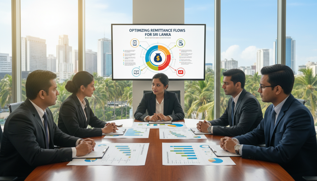 A professional business meeting set in a well-lit conference room in Sri Lanka, focused on enhancing remittance management. In the foreground, a diverse group of Sri Lankan professionals, dressed in smart business attire, are engaged in a discussion around a large table, with charts and graphs showcasing remittance data spread out before them. The middle ground depicts a projector screen displaying a colorful infographic about remittance strategies. The background reveals a large window with a view of the city skyline and palm trees, conveying the essence of Sri Lanka. Soft, natural lighting enhances the atmosphere, projecting a sense of collaboration and optimism around economic growth and foreign currency position. The composition captures a moment of strategic planning and teamwork, reflecting professionalism and dedication.