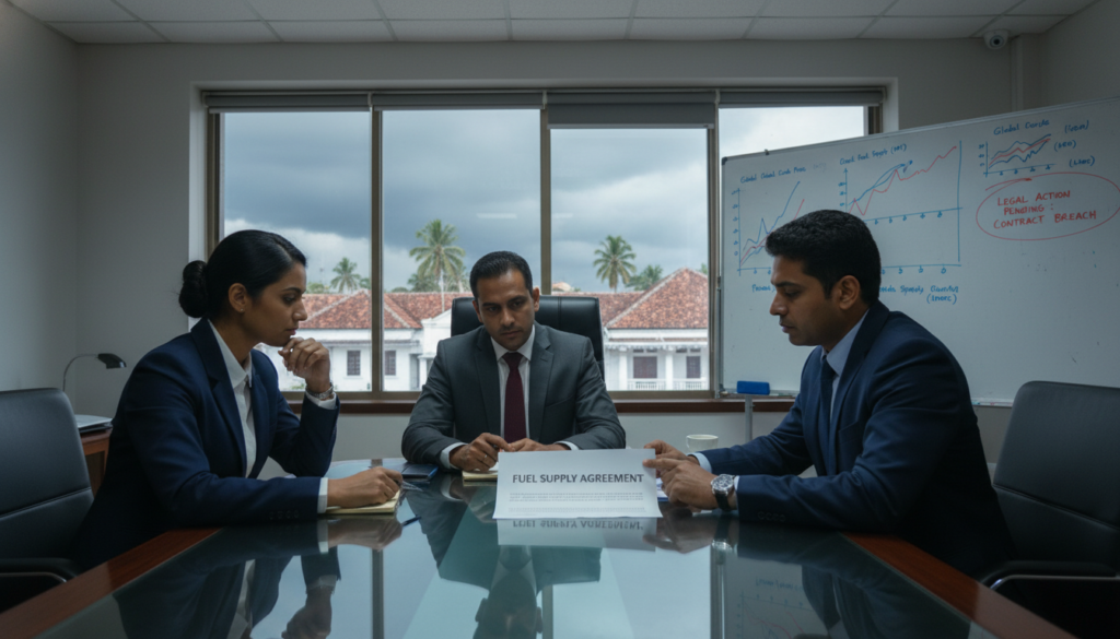 A professional meeting room setting in Sri Lanka, highlighting a tense discussion around fuel supply agreements. In the foreground, a group of three business professionals—two men and one woman—are seated around a modern conference table, dressed in formal business attire, looking intently at a document titled "Fuel Supply Agreement." In the middle ground, a large window reveals a view of Sri Lankan architecture amidst a cloudy sky, indicating urgency. The background features a whiteboard with charts and graphs illustrating fuel supply and prices. The lighting is sharp and directed, creating a serious, focused atmosphere that emphasizes the gravity of the discussions. The angle captures the intensity of the moment, conveying the looming legal action over delayed agreements. A professional meeting room setting in Sri Lanka, highlighting a tense discussion around fuel supply agreements. In the foreground, a group of three business professionals—two men and one woman—are seated around a modern conference table, dressed in formal business attire, looking intently at a document titled "Fuel Supply Agreement." In the middle ground, a large window reveals a view of Sri Lankan architecture amidst a cloudy sky, indicating urgency. The background features a whiteboard with charts and graphs illustrating fuel supply and prices. The lighting is sharp and directed, creating a serious, focused atmosphere that emphasizes the gravity of the discussions. The angle captures the intensity of the moment, conveying the looming legal action over delayed agreements.