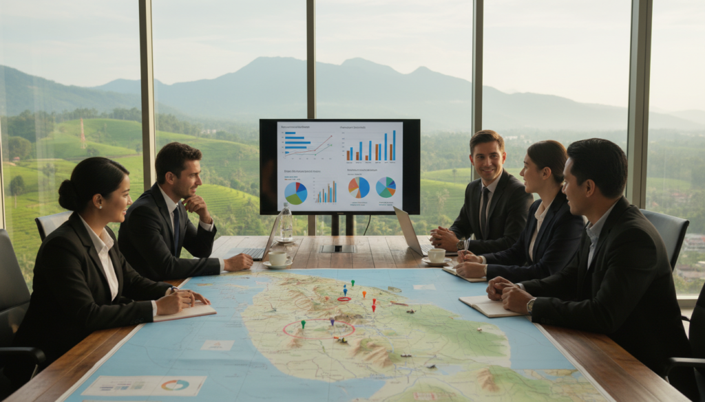 A professional team of diverse individuals, men and women dressed in business attire, engaged in a strategy session at a modern conference table. In the foreground, a large map of Sri Lanka is spread out, highlighting various tourist attractions and potential barriers to tourism. The middle ground features digital devices displaying data charts and graphics related to tourism revenue, while note-taking and discussions are evident. In the background, a window showcases a view of Sri Lanka's lush landscapes, hinting at its natural beauty. Soft, natural lighting pours in from the window, creating an inviting atmosphere. The mood is focused and optimistic, emphasizing collaboration and problem-solving. The image captures the essence of assessing tourism barriers to enhance potential revenue in Sri Lanka. A professional team of diverse individuals, men and women dressed in business attire, engaged in a strategy session at a modern conference table. In the foreground, a large map of Sri Lanka is spread out, highlighting various tourist attractions and potential barriers to tourism. The middle ground features digital devices displaying data charts and graphics related to tourism revenue, while note-taking and discussions are evident. In the background, a window showcases a view of Sri Lanka's lush landscapes, hinting at its natural beauty. Soft, natural lighting pours in from the window, creating an inviting atmosphere. The mood is focused and optimistic, emphasizing collaboration and problem-solving. The image captures the essence of assessing tourism barriers to enhance potential revenue in Sri Lanka.