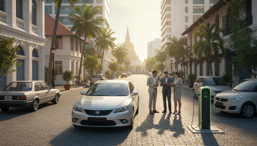 A serene urban street scene in Sri Lanka showcasing the evolving trends in electric vehicles (EVs) and used cars. In the foreground, a modern electric vehicle with a sleek design and charging station is highlighted, surrounded by a few used cars parked on the side. In the middle ground, a diverse group of people in professional business attire examines the vehicles and discusses their features, reflecting interest in sustainable transportation. In the background, the vibrant cityscape features traditional architecture alongside contemporary buildings, with lush greenery interspersed, symbolizing a balanced blend of the old and new. The lighting is warm and inviting, capturing the essence of a sunny day, with soft shadows enhancing the depth. The angle is slightly elevated, providing a comprehensive view of the scene while maintaining focus on the vehicles and the engaging interactions among people. The mood is optimistic and forward-looking. A serene urban street scene in Sri Lanka showcasing the evolving trends in electric vehicles (EVs) and used cars. In the foreground, a modern electric vehicle with a sleek design and charging station is highlighted, surrounded by a few used cars parked on the side. In the middle ground, a diverse group of people in professional business attire examines the vehicles and discusses their features, reflecting interest in sustainable transportation. In the background, the vibrant cityscape features traditional architecture alongside contemporary buildings, with lush greenery interspersed, symbolizing a balanced blend of the old and new. The lighting is warm and inviting, capturing the essence of a sunny day, with soft shadows enhancing the depth. The angle is slightly elevated, providing a comprehensive view of the scene while maintaining focus on the vehicles and the engaging interactions among people. The mood is optimistic and forward-looking.