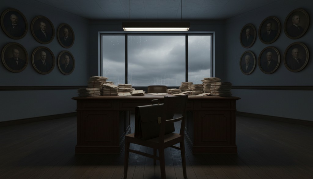 A somber office interior highlighting austerity measures, featuring an empty, imposing desk filled with unsent documents and a single flickering overhead light. In the foreground, a closed briefcase, representing former presidential perks being withdrawn, rests on a simple chair. The middle ground displays a large, empty window revealing a cloudy sky, symbolizing the uncertain future of politics. In the background, a wall adorned with portraits of former presidents, now covered with a subtle layer of dust, illustrates the old regime. The overall mood is one of reflection and change, with dim lighting creating a serious atmosphere. The angle captures both the desk's emptiness and the fading glory of the past political era. A somber office interior highlighting austerity measures, featuring an empty, imposing desk filled with unsent documents and a single flickering overhead light. In the foreground, a closed briefcase, representing former presidential perks being withdrawn, rests on a simple chair. The middle ground displays a large, empty window revealing a cloudy sky, symbolizing the uncertain future of politics. In the background, a wall adorned with portraits of former presidents, now covered with a subtle layer of dust, illustrates the old regime. The overall mood is one of reflection and change, with dim lighting creating a serious atmosphere. The angle captures both the desk's emptiness and the fading glory of the past political era.