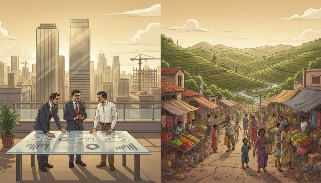 A split-scene illustration capturing the dual reality of Sri Lanka's economic recovery and persistent poverty. In the foreground, a group of determined professionals in business attire discuss growth strategies amidst urban buildings, symbolizing hope and ambition. In the middle ground, contrast this with a vibrant market scene where modestly dressed families navigate a bustling street, showcasing the resilience of everyday life amidst economic challenges. In the background, depict a lush landscape of rolling hills and tea plantations, hinting at natural beauty and agricultural promise. The lighting is warm and inviting, evoking a sense of optimism, while subtle shadows reflect the ongoing struggles. Use a wide-angle perspective to capture the breadth of these contrasting realities, creating a balanced composition that conveys the complexity of the situation. A split-scene illustration capturing the dual reality of Sri Lanka's economic recovery and persistent poverty. In the foreground, a group of determined professionals in business attire discuss growth strategies amidst urban buildings, symbolizing hope and ambition. In the middle ground, contrast this with a vibrant market scene where modestly dressed families navigate a bustling street, showcasing the resilience of everyday life amidst economic challenges. In the background, depict a lush landscape of rolling hills and tea plantations, hinting at natural beauty and agricultural promise. The lighting is warm and inviting, evoking a sense of optimism, while subtle shadows reflect the ongoing struggles. Use a wide-angle perspective to capture the breadth of these contrasting realities, creating a balanced composition that conveys the complexity of the situation.