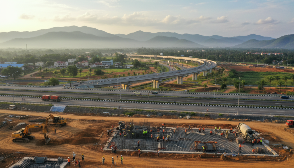 A sprawling expressway under construction in Sri Lanka, illustrating massive infrastructure growth. In the foreground, construction workers in hard hats and reflective vests are engaged in various tasks, such as operating machinery and surveying land. The middle ground features a modern expressway, with multiple lanes and sleek overpasses, flanked by greenery and developing urban areas. In the background, distant mountains and a partly cloudy sky add depth to the scene. The image is captured with a wide-angle lens to emphasize the expanse of the project, with warm natural lighting enhancing the optimistic mood of growth and development. The overall atmosphere reflects progress and ambition in revitalizing crucial sectors.