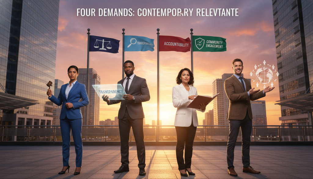 A striking and thought-provoking composition depicting the "Four Demands" with a contemporary relevance theme. In the foreground, a diverse group of four individuals in professional business attire stands confidently, each representing a different demand: justice, transparency, accountability, and community engagement. They are positioned dynamically, facing the viewer, with a backdrop of a modern city skyline symbolizing progress and grassroots empowerment. The middle layer features symbolic elements like banners representing each demand, artfully arranged to draw the eye upward. The background displays a vibrant sunset sky, casting warm light that creates an inspiring and hopeful atmosphere. The scene is captured with a wide-angle lens, ensuring a sense of connection between the figures and their environment, highlighting the legacy and ongoing importance of these demands in today's society. A striking and thought-provoking composition depicting the "Four Demands" with a contemporary relevance theme. In the foreground, a diverse group of four individuals in professional business attire stands confidently, each representing a different demand: justice, transparency, accountability, and community engagement. They are positioned dynamically, facing the viewer, with a backdrop of a modern city skyline symbolizing progress and grassroots empowerment. The middle layer features symbolic elements like banners representing each demand, artfully arranged to draw the eye upward. The background displays a vibrant sunset sky, casting warm light that creates an inspiring and hopeful atmosphere. The scene is captured with a wide-angle lens, ensuring a sense of connection between the figures and their environment, highlighting the legacy and ongoing importance of these demands in today's society.