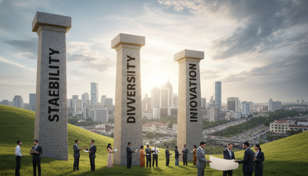 A strong, visually impactful representation of "economic resilience pillars" set against a backdrop of a bustling Asian cityscape, symbolizing Sri Lanka. In the foreground, depict three tall, sturdy pillars made of granite, each engraved with key terms like "Stability," "Diversity," and "Innovation." They stand firmly on a vibrant green hillside, suggesting growth. The middle ground features diverse groups of professionals, dressed in formal business attire, discussing ideas and collaborating. The background reveals a bright sky with dynamic clouds, symbolizing hope and progress, while high-rise buildings highlight urban development. The image is illuminated by soft, natural lighting, creating a hopeful and optimistic atmosphere, captured as if taken with a wide-angle lens to emphasize the grandeur of the pillars and cityscape. A strong, visually impactful representation of "economic resilience pillars" set against a backdrop of a bustling Asian cityscape, symbolizing Sri Lanka. In the foreground, depict three tall, sturdy pillars made of granite, each engraved with key terms like "Stability," "Diversity," and "Innovation." They stand firmly on a vibrant green hillside, suggesting growth. The middle ground features diverse groups of professionals, dressed in formal business attire, discussing ideas and collaborating. The background reveals a bright sky with dynamic clouds, symbolizing hope and progress, while high-rise buildings highlight urban development. The image is illuminated by soft, natural lighting, creating a hopeful and optimistic atmosphere, captured as if taken with a wide-angle lens to emphasize the grandeur of the pillars and cityscape.
