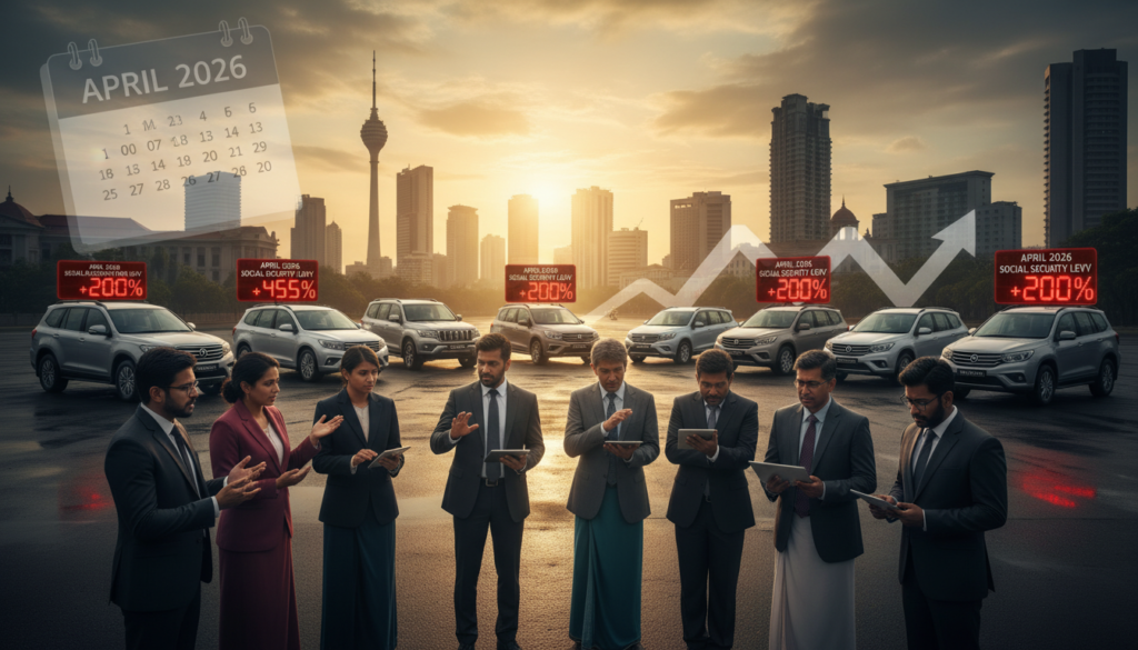 A symbolic representation of the April 2026 Social Security Contribution Levy Shift affecting vehicle costs in Sri Lanka. In the foreground, a diverse group of professionals in business attire discusses the implications of rising vehicle prices, looking concerned yet engaged. In the middle ground, a variety of vehicles, including both luxury and standard models, showcase price tags that reflect the upcoming tax changes. The background features a modern cityscape with iconic Sri Lankan architecture and a sunset casting warm light, adding depth. The image should convey tension and urgency, with dramatic lighting highlighting the characters’ expressions and the vehicles, emphasizing the economic pressure on buyers. Use a wide-angle perspective to capture the scene's breadth and complexity.
