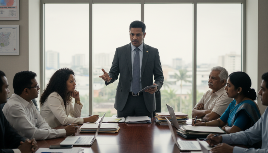 A tense meeting room filled with diverse political figures engaged in discussion, showcasing the challenges faced by the Samagi Jana Balawegaya coalition. In the foreground, a middle-aged Sri Lankan politician, dressed in professional business attire, gestures emphatically while presenting ideas to a diverse group of seated colleagues. The middle ground features a long conference table with papers and laptops, symbolizing strategy and planning. The background reflects a large window with soft, diffused natural light illuminating the room, giving a sense of hope amidst uncertainty. The atmosphere is serious and focused, with expressions of concern and determination evident on the participants' faces. The composition uses a slightly elevated angle to capture the dynamic interaction among the leaders, emphasizing the collaboration and conflict inherent in coalition-building. A tense meeting room filled with diverse political figures engaged in discussion, showcasing the challenges faced by the Samagi Jana Balawegaya coalition. In the foreground, a middle-aged Sri Lankan politician, dressed in professional business attire, gestures emphatically while presenting ideas to a diverse group of seated colleagues. The middle ground features a long conference table with papers and laptops, symbolizing strategy and planning. The background reflects a large window with soft, diffused natural light illuminating the room, giving a sense of hope amidst uncertainty. The atmosphere is serious and focused, with expressions of concern and determination evident on the participants' faces. The composition uses a slightly elevated angle to capture the dynamic interaction among the leaders, emphasizing the collaboration and conflict inherent in coalition-building.