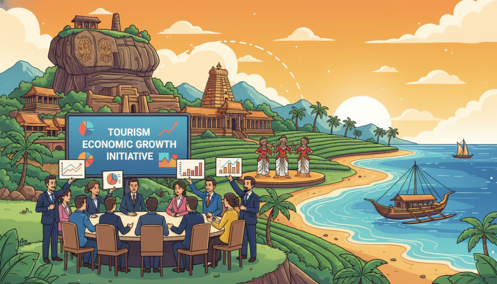 A vibrant and dynamic illustration depicting the concept of "tourism economic growth theory" in a bustling Sri Lankan context. In the foreground, a group of diverse professionals in business attire discusses a tourism development plan, holding charts and diagrams related to economic growth. The middle ground features iconic Sri Lankan landmarks, such as ancient temples and lush landscapes, symbolizing the country’s rich cultural heritage. In the background, a sunset casts a warm golden light across the scene, creating an inviting atmosphere. The composition conveys a sense of optimism and collaboration, emphasizing the connection between tourism and economic prosperity. The scene is photographed with a wide-angle lens to capture the beauty of the environment and the importance of the human element in driving growth.