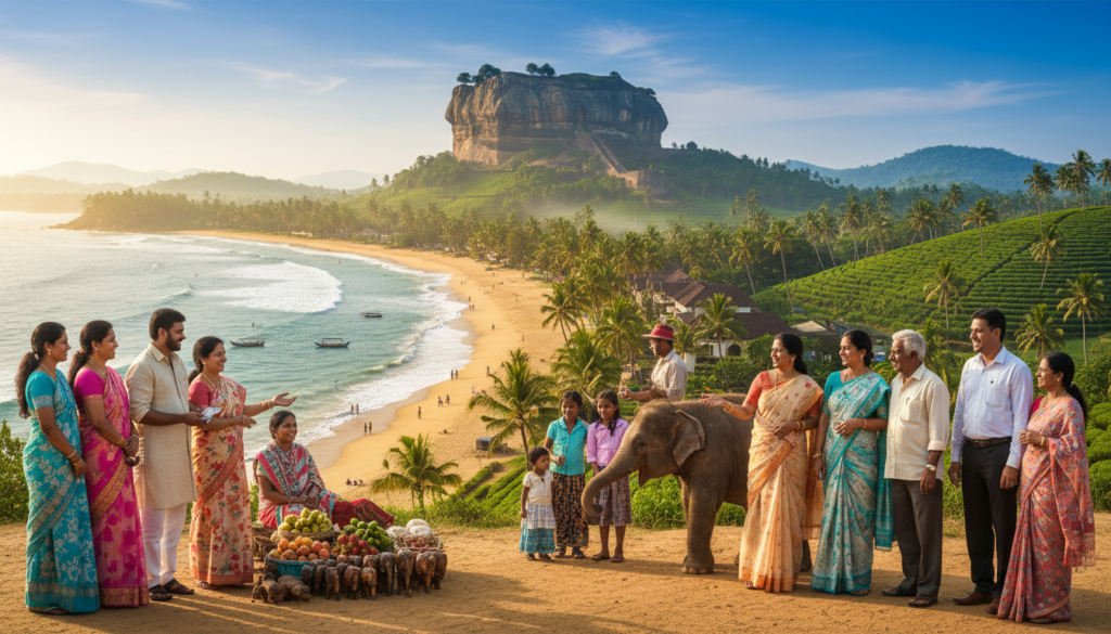 A vibrant and inviting scene showcasing Indian tourists arriving in Sri Lanka, emphasizing cultural exchange and tourism growth. In the foreground, a diverse group of Indian tourists, dressed in colorful, modest casual clothing, happily interacting with local Sri Lankan vendors and nature. The middle ground features iconic Sri Lankan landmarks, such as the Sigiriya rock fortress and palm-fringed beaches, bathed in warm, golden sunlight. The background depicts lush greenery and soft, rolling hills under a bright blue sky, suggesting a tropical paradise. The atmosphere is lively and optimistic, capturing the essence of connection and exploration. Use a wide-angle lens to create depth, with soft, natural lighting to enhance the warm, welcoming mood of the scene.