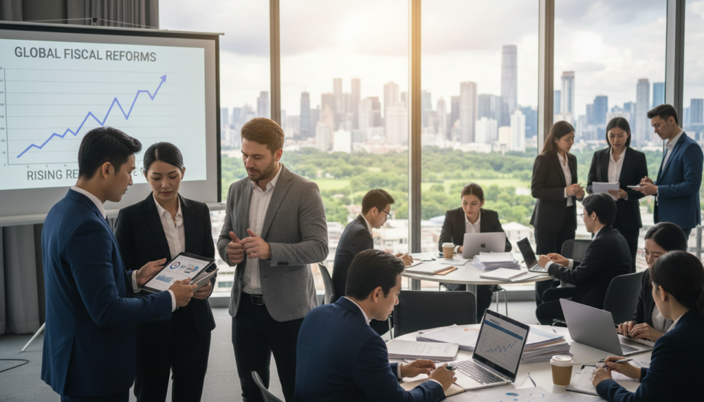 A vibrant conference scene showcasing diverse professionals engaged in discussions on fiscal reforms and revenue mobilization. In the foreground, a group of three individuals in professional business attire—one is presenting data on a digital tablet, another is taking notes, while the third gestures toward a projected graph showing rising revenue trends. In the middle ground, round tables adorned with financial reports and laptops create an interactive atmosphere. The background features a large window revealing a city skyline with green parks, symbolizing economic growth. Soft, natural lighting filters in, creating a warm and optimistic mood, with a slight depth of field effect to emphasize the focused discussions taking place.
