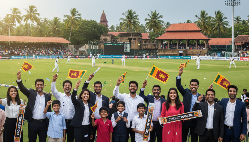 A vibrant cricket match scene set in Sri Lanka, showcasing enthusiastic fans in professional business attire gathering around a cricket ground. In the foreground, a diverse group of tourists, including families and young professionals, cheer and wave flags, embodying the spirit of cricket tourism. The middle ground features players on the field, energetically engaged in a match under a bright, sunny sky with soft, natural lighting that enhances the joy of the event. In the background, iconic Sri Lankan landmarks are subtly visible, hinting at the rich cultural context, such as palm trees and traditional architecture. The overall atmosphere is festive and exciting, capturing the essence of cricket tourism and its potential for economic growth in Sri Lanka. A vibrant cricket match scene set in Sri Lanka, showcasing enthusiastic fans in professional business attire gathering around a cricket ground. In the foreground, a diverse group of tourists, including families and young professionals, cheer and wave flags, embodying the spirit of cricket tourism. The middle ground features players on the field, energetically engaged in a match under a bright, sunny sky with soft, natural lighting that enhances the joy of the event. In the background, iconic Sri Lankan landmarks are subtly visible, hinting at the rich cultural context, such as palm trees and traditional architecture. The overall atmosphere is festive and exciting, capturing the essence of cricket tourism and its potential for economic growth in Sri Lanka.