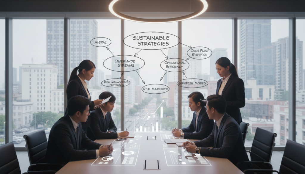 A vibrant, professional office setting illustrating the concept of a financially resilient business model. In the foreground, a diverse group of business professionals in smart attire are gathered around a sleek, modern conference table, analyzing financial graphs and charts displayed on digital screens. In the middle ground, a large whiteboard showcases a detailed flowchart of sustainable business strategies and financial plans. In the background, tall windows allow natural light to flood the space, offering a view of a bustling cityscape, symbolizing economic activity. Soft, warm lighting creates an optimistic atmosphere, while the overall composition conveys collaboration and strategic thinking for business resilience.