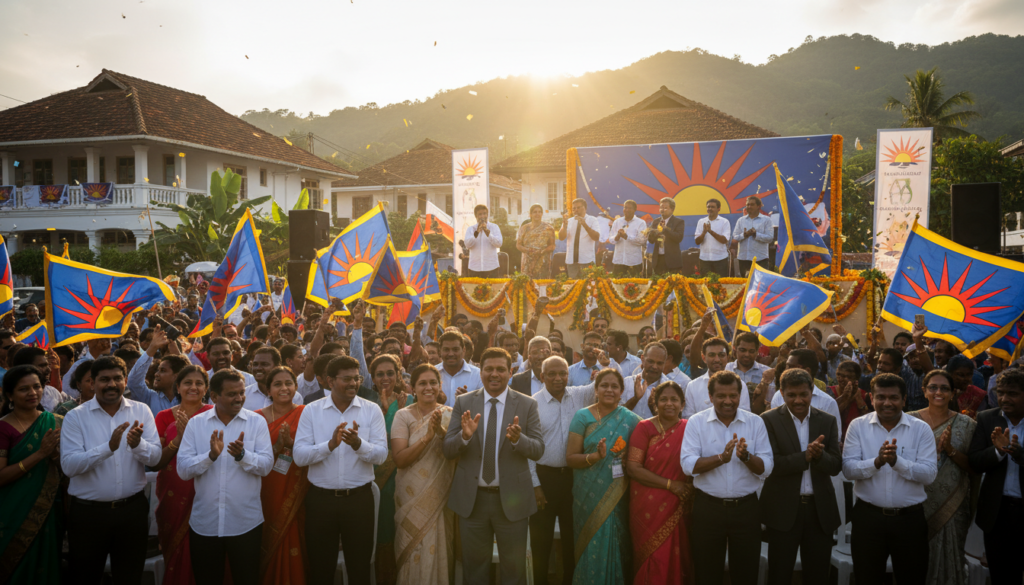 A vibrant scene depicting a Tamil political celebration in the North East of Sri Lanka, capturing the spirit of the recent Kachchi election victory. In the foreground, diverse Tamil voters dressed in professional business attire, holding colorful party flags, express joy and unity. The middle ground features a decorated stage with politicians addressing the crowd, brightly lit by warm, golden sunlight, emphasizing a hopeful atmosphere. In the background, green hills and traditional Tamil architecture reflect the region's cultural heritage, with banners displaying the party's emblem. The scene captures a festive mood, with laughter and applause, framed with dynamic angles to convey excitement and celebration. Soft, natural lighting highlights the expressions of pride and hope on faces, symbolizing a new political dawn. A vibrant scene depicting a Tamil political celebration in the North East of Sri Lanka, capturing the spirit of the recent Kachchi election victory. In the foreground, diverse Tamil voters dressed in professional business attire, holding colorful party flags, express joy and unity. The middle ground features a decorated stage with politicians addressing the crowd, brightly lit by warm, golden sunlight, emphasizing a hopeful atmosphere. In the background, green hills and traditional Tamil architecture reflect the region's cultural heritage, with banners displaying the party's emblem. The scene captures a festive mood, with laughter and applause, framed with dynamic angles to convey excitement and celebration. Soft, natural lighting highlights the expressions of pride and hope on faces, symbolizing a new political dawn.