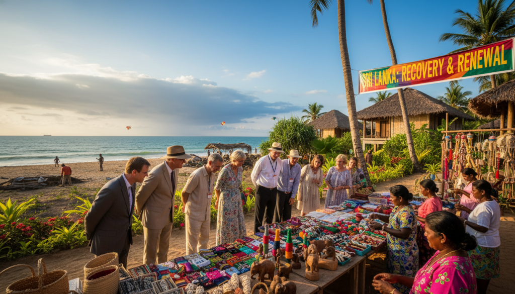 A vibrant scene depicting post-cyclone recovery tourism in Sri Lanka. In the foreground, a group of diverse tourists, dressed in professional business attire and modest casual clothing, engage with local artisans showcasing handcrafted souvenirs amidst a lively outdoor market. The middle ground features scenic landscapes, with lush greenery and partially restored beachside structures, symbolizing resilience and revitalization. In the background, a clear blue sky contrasts with a few lingering storm clouds, suggesting a renewed hope. Soft, warm sunlight bathes the entire scene, casting gentle shadows and creating an inviting, optimistic atmosphere. Capture this moment from a slightly elevated angle, emphasizing the interaction between locals and tourists, and highlighting the vibrancy of the recovering destination. A vibrant scene depicting post-cyclone recovery tourism in Sri Lanka. In the foreground, a group of diverse tourists, dressed in professional business attire and modest casual clothing, engage with local artisans showcasing handcrafted souvenirs amidst a lively outdoor market. The middle ground features scenic landscapes, with lush greenery and partially restored beachside structures, symbolizing resilience and revitalization. In the background, a clear blue sky contrasts with a few lingering storm clouds, suggesting a renewed hope. Soft, warm sunlight bathes the entire scene, casting gentle shadows and creating an inviting, optimistic atmosphere. Capture this moment from a slightly elevated angle, emphasizing the interaction between locals and tourists, and highlighting the vibrancy of the recovering destination.