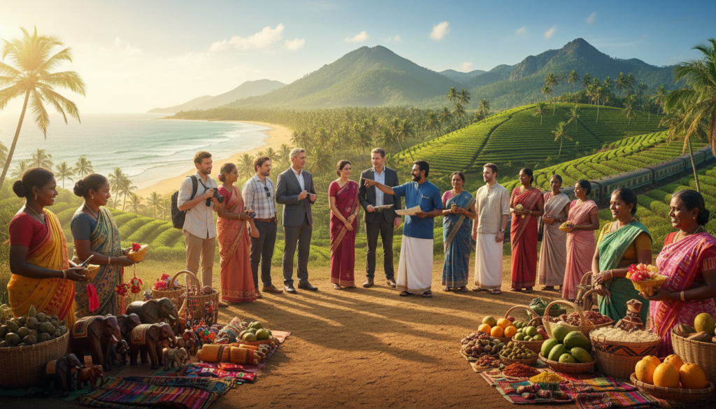 A vibrant scene depicting the resurgence of tourism in Sri Lanka, capturing diverse elements that entice travelers. Foreground features a bustling outdoor market, showcasing local artisans selling handmade crafts and fresh produce, with shoppers interacting and appreciating the culture. In the middle ground, a group of tourists of various ethnicities, dressed in professional business attire and modest casual clothing, engaging with a knowledgeable local guide, emphasizing cultural exchange. Lush greenery and famous Sri Lankan landscapes, like palm-fringed beaches and tea plantations, form the background under bright, sunny weather, casting warm, inviting light. The atmosphere is lively and optimistic, reflecting growth and excitement in the tourism sector. Use a wide-angle lens to capture depth and detail, ensuring a clear and engaging focus on the vibrant aspects of Sri Lankan tourism. A vibrant scene depicting the resurgence of tourism in Sri Lanka, capturing diverse elements that entice travelers. Foreground features a bustling outdoor market, showcasing local artisans selling handmade crafts and fresh produce, with shoppers interacting and appreciating the culture. In the middle ground, a group of tourists of various ethnicities, dressed in professional business attire and modest casual clothing, engaging with a knowledgeable local guide, emphasizing cultural exchange. Lush greenery and famous Sri Lankan landscapes, like palm-fringed beaches and tea plantations, form the background under bright, sunny weather, casting warm, inviting light. The atmosphere is lively and optimistic, reflecting growth and excitement in the tourism sector. Use a wide-angle lens to capture depth and detail, ensuring a clear and engaging focus on the vibrant aspects of Sri Lankan tourism.