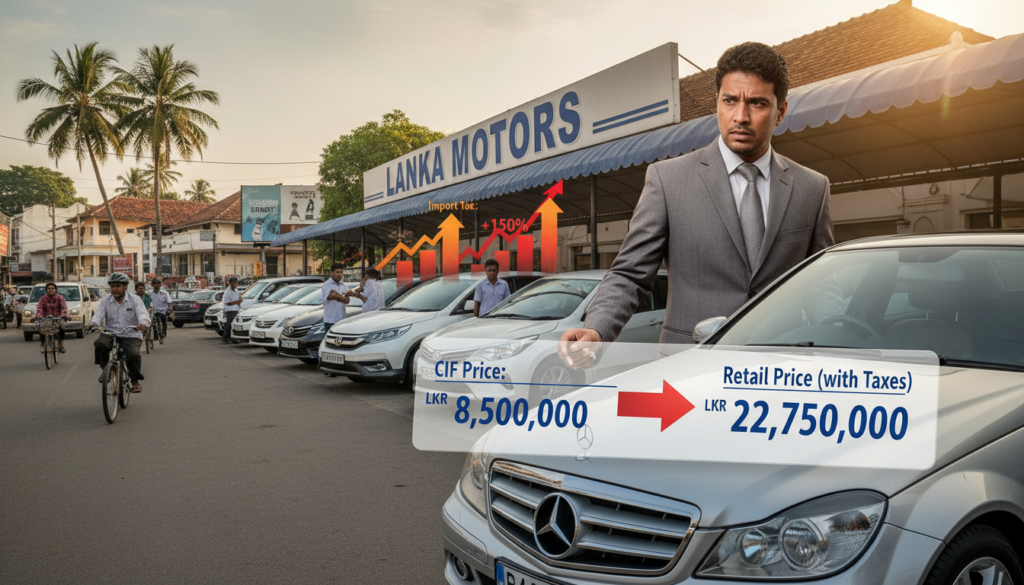 A visual representation of vehicle import taxes impacting car prices in Sri Lanka, showcasing a split scene. In the foreground, a frustrated car buyer, dressed in professional business attire, examines a price tag on a sleek car, revealing the stark difference between CIF (cost, insurance, freight) and retail prices. In the middle ground, a local car dealership with a selection of cars, including popular models, displays prominently, surrounded by visual indicators of rising prices, such as arrows or graphs. The background features a bustling Sri Lankan street with subtle hints of economic activity. The scene is illuminated with soft afternoon sunlight, creating a warm yet tense atmosphere that reflects the pressure of inflation on consumers. Capture it using a wide-angle lens to emphasize the context and depth.