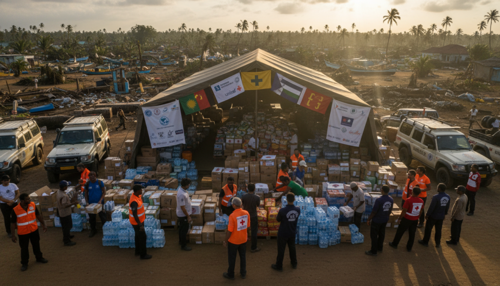 A wide-angle view of an international relief operation in Sri Lanka following Cyclone Ditwah. In the foreground, diverse volunteers in professional attire are sorting supplies like food, bottled water, and medical kits, demonstrating teamwork and compassion. In the middle ground, a large tent with colorful banners representing various aid organizations shelters donations, while vehicles labeled with international NGO logos are parked nearby. The background features a storm-damaged landscape, with fallen trees and debris, but rays of sunlight break through the clouds, symbolizing hope. There's a sense of urgency and solidarity in the atmosphere, with warm, natural lighting enhancing the scene’s positive energy. The angle is slightly elevated to capture the entire scene vividly, showcasing the collaboration of the international community in providing relief.