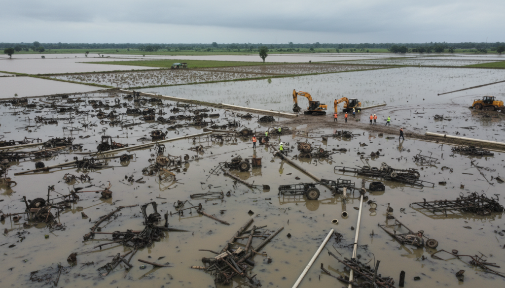 Aerial view of a devastated agricultural landscape in Sri Lanka after Cyclone Ditwah, showcasing the extensive economic damage. In the foreground, jagged debris from destroyed farming equipment and torn irrigation systems scattered across flooded fields, illustrating the impact on infrastructure. In the middle ground, workers in professional clothing assessing the damage, with tools and machinery, highlighting the recovery efforts. The background reveals a gloomy sky, casting over the scene with soft, diffused lighting to create a somber atmosphere. The overall mood is one of resilience and urgency, reflecting the struggle to rebuild amidst devastation. The angle captures both the scale of destruction and the human effort to restore agriculture.