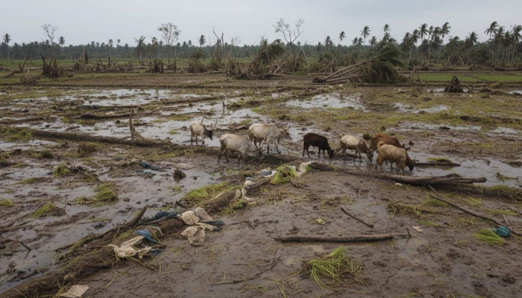 Aerial view of devastated paddy fields in Sri Lanka after Cyclone Ditwah, highlighting the extensive agricultural damage. In the foreground, remnants of flooded rice crops lay scattered, with mud and debris covering the ground. In the middle ground, distressed livestock, including cows and goats, search for food amidst the destruction, their coats matted and dirty. In the background, overcast skies loom, casting a somber and gray light over the scene, enhancing the mood of loss and despair. The landscape is framed by broken trees and uprooted vegetation, symbolizing the impact of the cyclone. A shallow depth of field emphasizes the chaos in the foreground while maintaining focus on the affected animals.