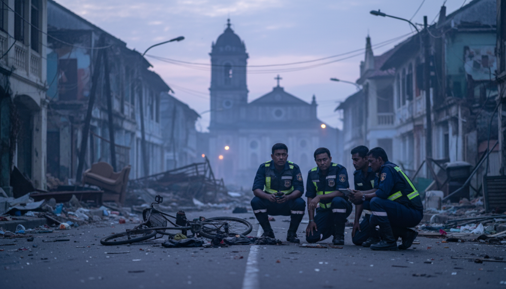 In the foreground, display a somber scene of a peaceful, yet devastated city street in Sri Lanka, with emergency responders in professional attire, evaluating the aftermath of a tragic event. In the middle ground, incorporate visual elements like damaged buildings, flickering lights, and scattered debris to emphasize the impact of the Easter Sunday attacks. The background should feature a faint outline of a historic church, subtly illuminated by early morning light, symbolizing resilience. Use a soft focus effect to create an atmosphere of mourning and reflection, with cool color tones to evoke a sense of sorrow. The lighting should be natural, accentuating the emotional weight of the moment, captured from a slightly low angle to convey depth and importance.