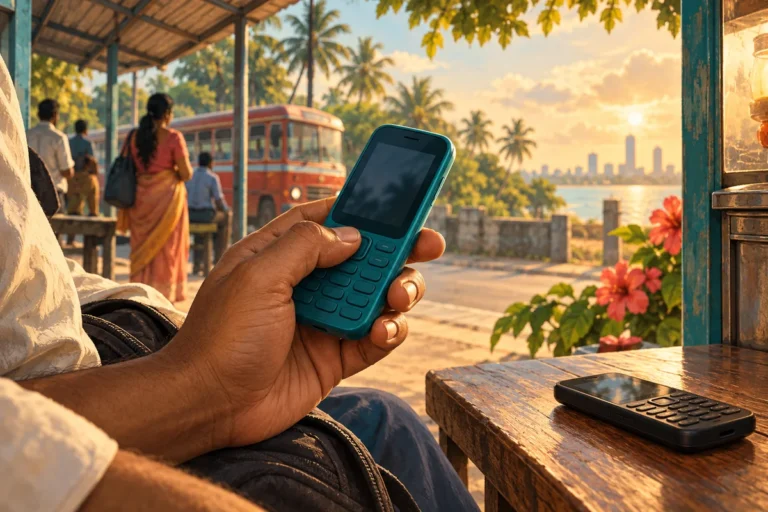 Illustration of an unbranded keypad mobile phone held by a Sri Lankan commuter beside a second feature phone.