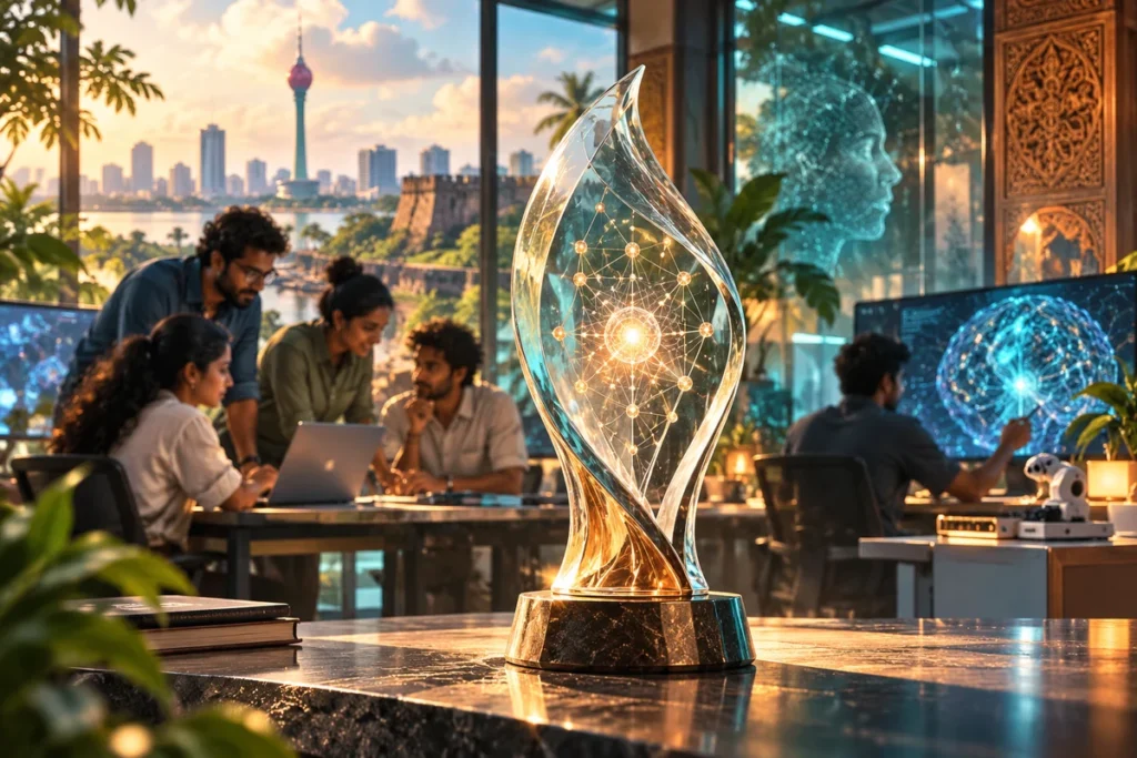 Concept illustration of a glass trophy with a neural network motif in a Sri Lankan innovation laboratory.